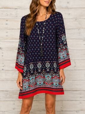 Risesun Boho Print Shift Dress S Blue Red Lightweight Casual Vacation